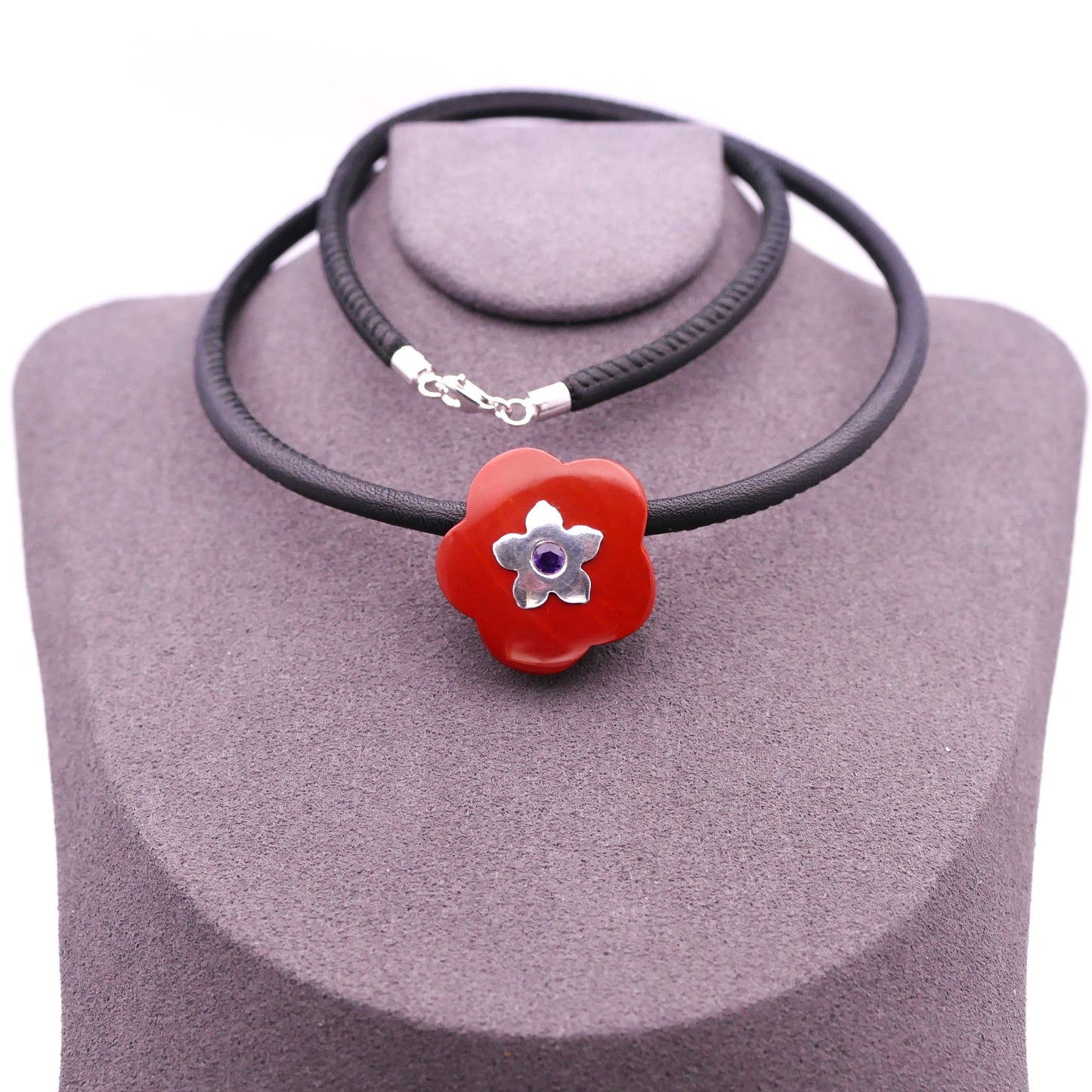 Leather necklace with a natural stone flower, personalized jewelry