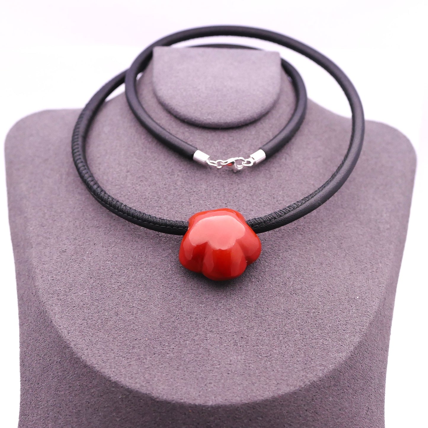 Leather necklace with a natural stone flower, personalized jewelry