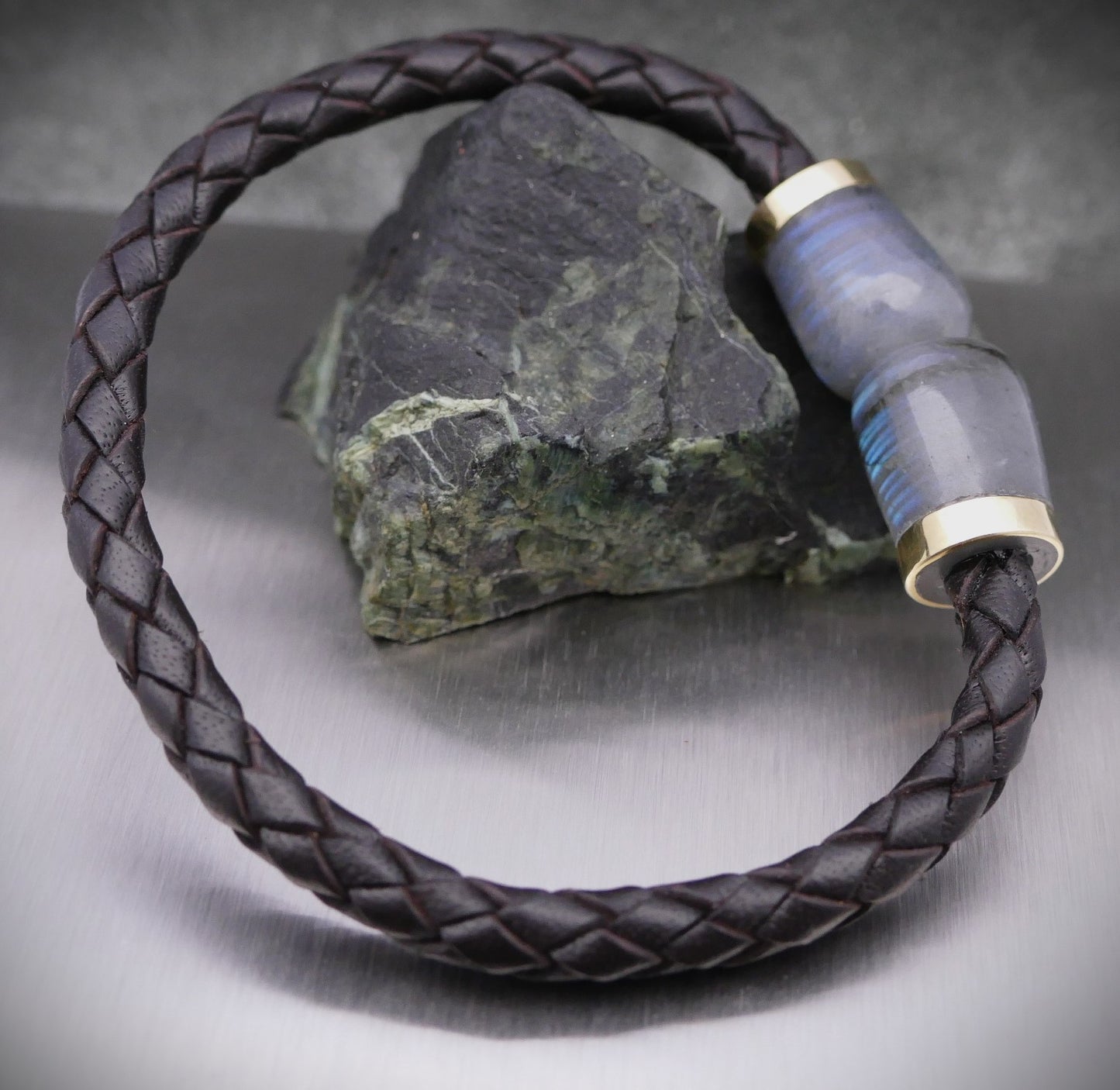 Braided leather bracelet with labradorite